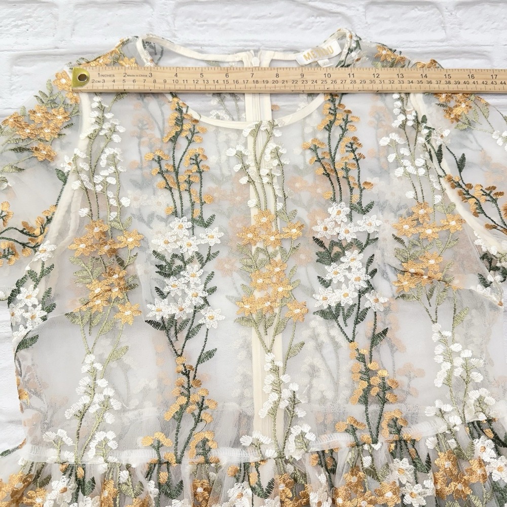 Vtg Metisu Embroidered Dress Sz XL Beige Floral Fairy Cottage Core Boho Feminine - Picture 10 of 16
